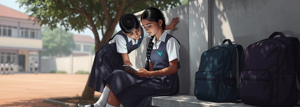 Nila sits on a low wall in a school yard reading a phone with both hands, a classmate leaning over her shoulder to look.
