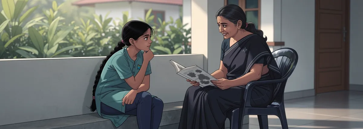 A neighbour in her fifties sits forward on a verandah chair holding a folded-open magazine out toward Nila, kind and certain; Nila listens from the step beside her.