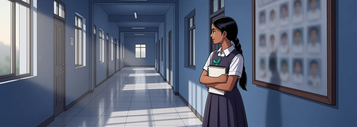 Nila stands beside the noticeboard rather than in front of it, turned away and looking down the long empty corridor, her notebook closed against her chest.