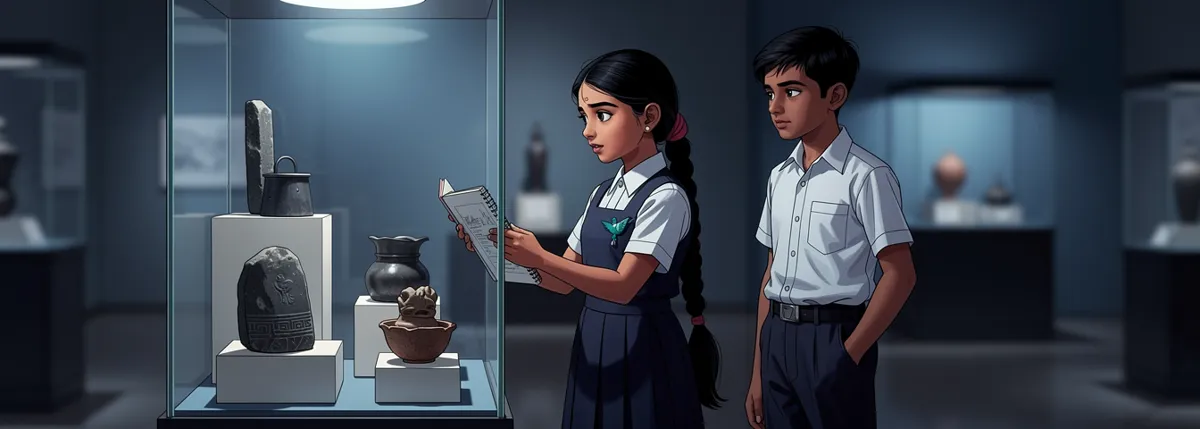 Nila stands close to a lit glass museum case with her open notebook held against it, studying old stone, metal and baked-clay objects; a classmate waits a step behind.