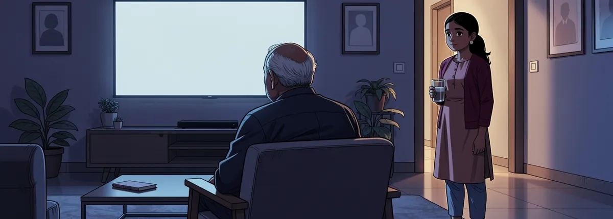 An older man watches a large wall screen from an armchair; Meera pauses in the doorway behind him with a glass of water, watching him rather than the screen.