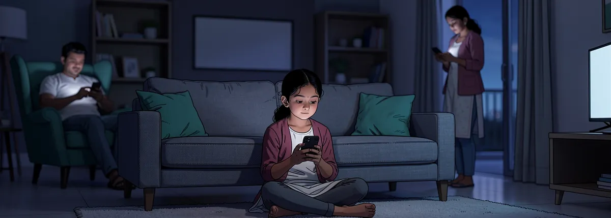 Meera sits on the floor against the sofa with a phone in both hands; two adults behind her hold phones of their own, all three looking down.