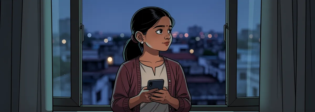 Meera stands at a window at dusk with her phone held loosely against her chest, screen dark, looking out over the rooftops.