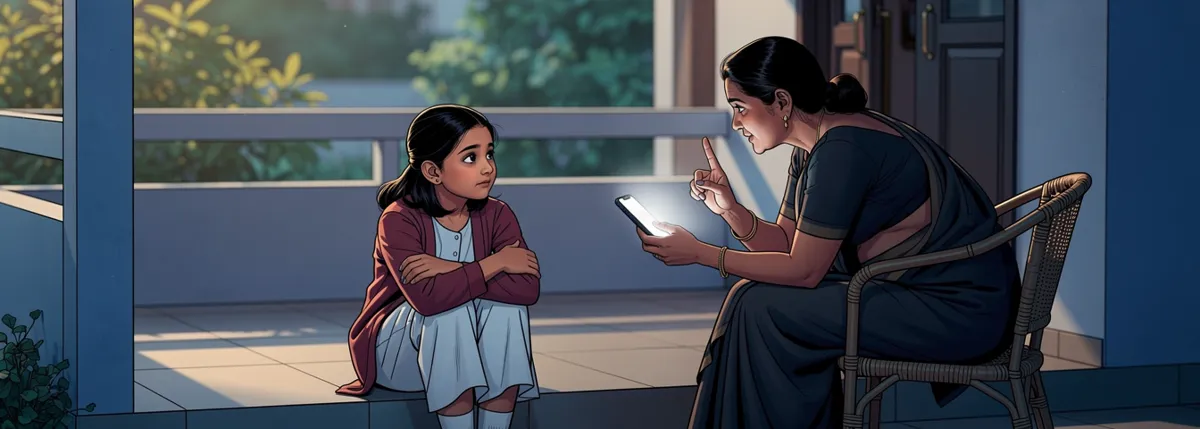An aunt leans forward from a cane chair holding her phone out toward Meera, warm and certain; Meera listens from the verandah step beside her.