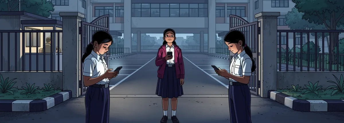 Meera stands inside the school gate holding her phone low, looking out at an empty road; two classmates nearby look down at their own phones.