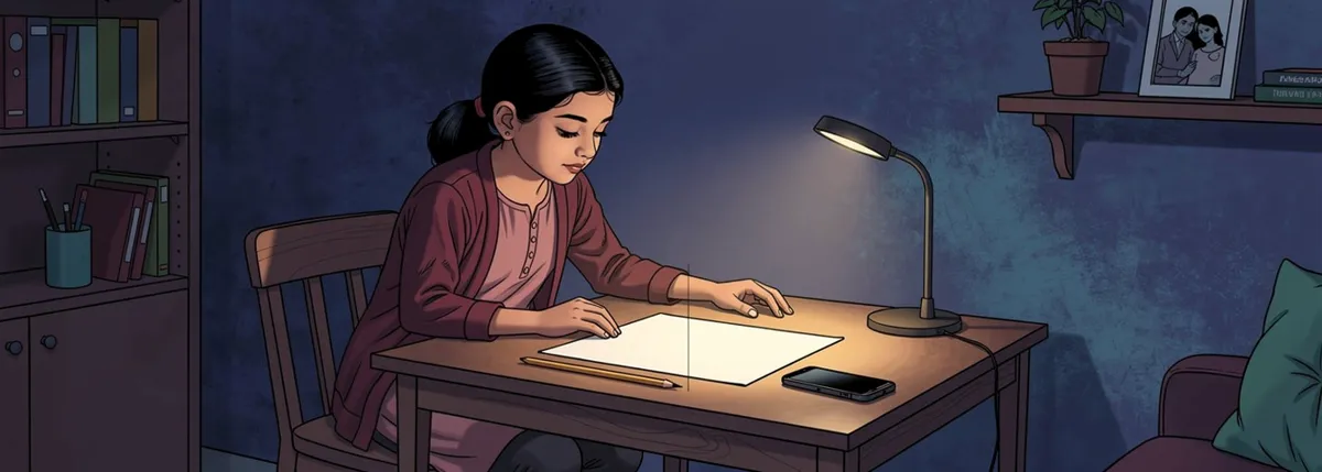 Meera sits at a small table with one plain sheet of paper ruled down the middle in front of her, a pencil held loosely, thinking.