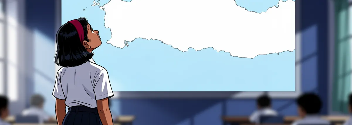 Priya stands in a classroom looking up at a world map on the wall, at a very large pale island near its top.