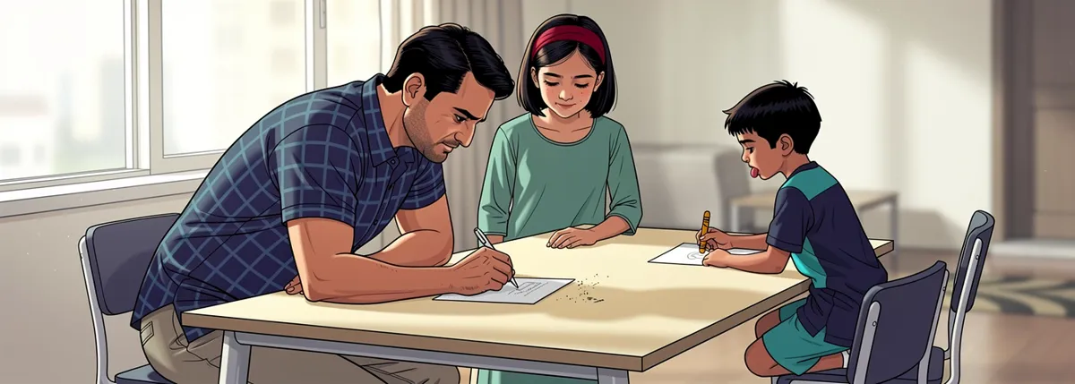 Papa draws on the back of an envelope while Priya watches over his shoulder; across the table her little brother draws on a sheet of his own.
