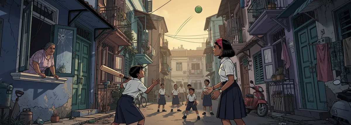 Children play cricket in a narrow lane at evening; a small boy swings, Priya fields at the edge, and a woman leans out of a cracked upstairs window.