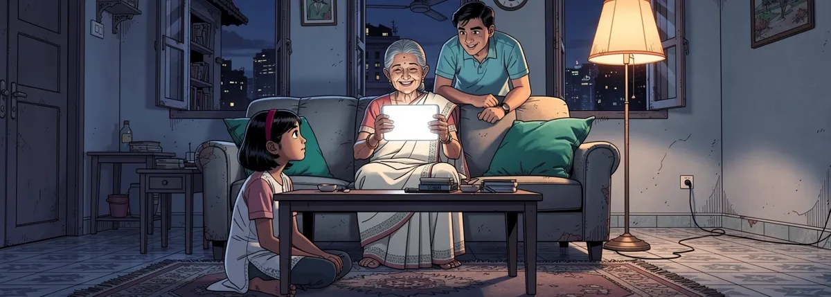 Dida smiles at a phone held out at arm’s length while Kaku leans over the sofa behind her; Priya sits on the floor at her knee, looking up at her.