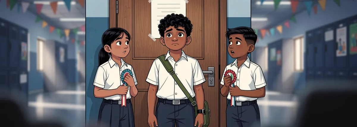 Kabir and two classmates holding sports-day ribbons look at a single sheet taped to a closed office door.
