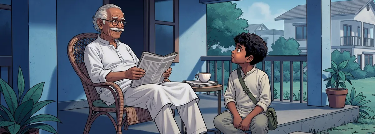 Kabir’s grandfather reads a newspaper in a cane chair on the verandah, a second paper beside his tea; Kabir sits on the step at his feet.