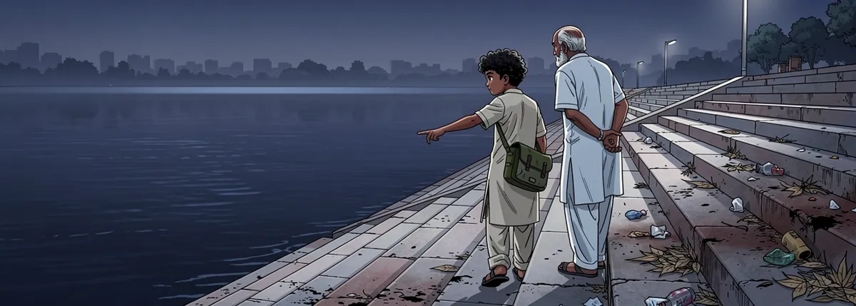 Kabir and his grandfather walk along the lake’s stone steps at dusk; some steps are clean and a few further along are still littered.
