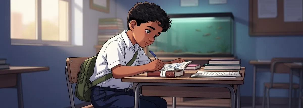 Kabir sits bent over a small taped-up pocket dictionary, circling something in blue ink; a fish tank glows on a shelf behind him.