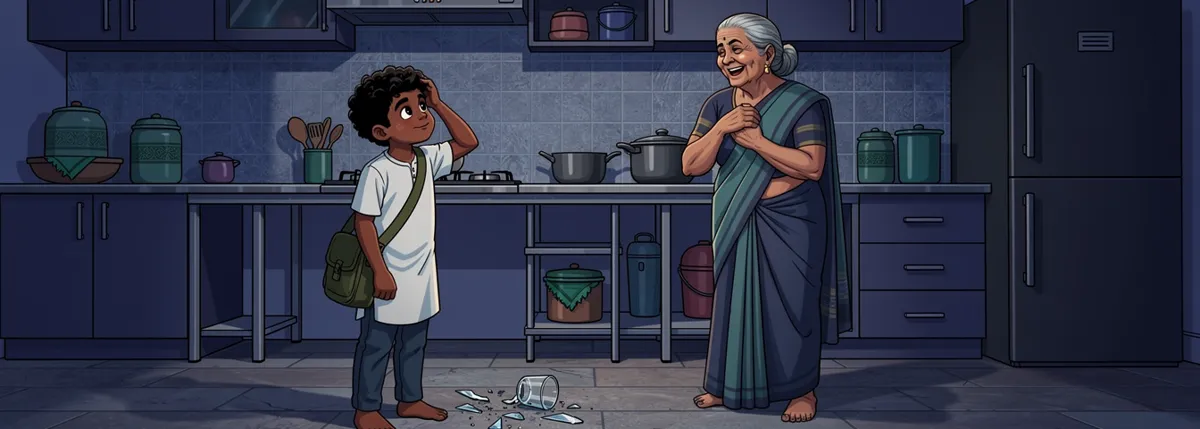 In a small kitchen Kabir stands by a broken glass on the floor, a hand behind his head; his grandmother laughs by the counter.