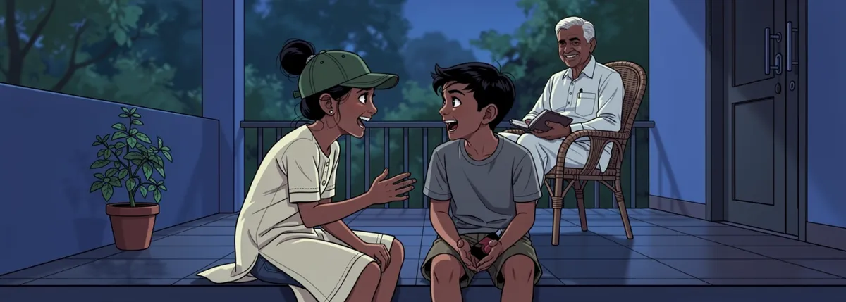 Tara and her brother sit on the verandah step laughing, still arguing; their grandfather smiles behind them with a closed notebook on his knee.