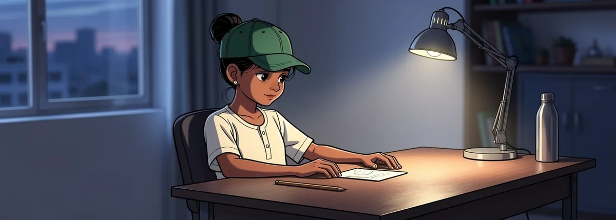 Tara sits at a desk looking down at a small worn laminated card, a pencil lying beside it.