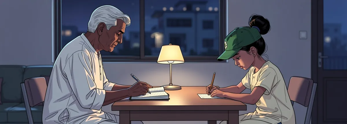 Tara’s grandfather writes slowly in a cloth-bound notebook under a lamp; Tara sits beside him writing on her small card.