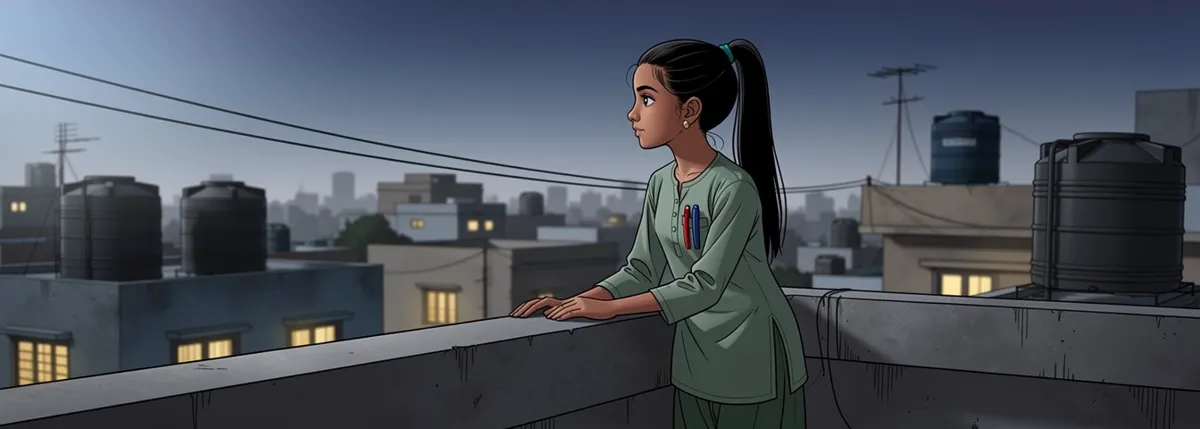 Ananya leans on the parapet of a rooftop at dusk, looking out over the rooftops of Amritsar as the lights come on.