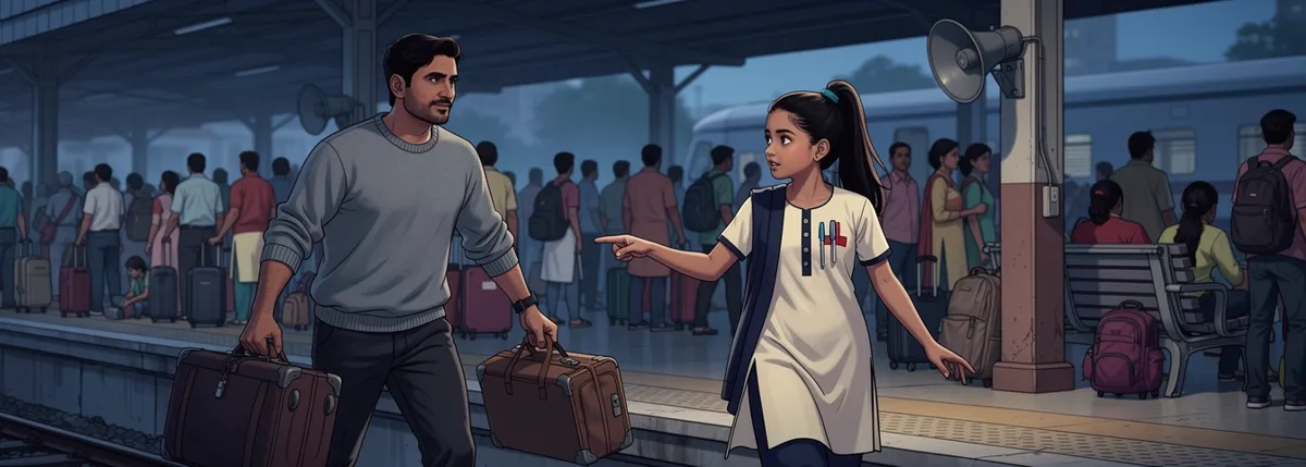 On a crowded evening platform Papa strides off with two bags while Ananya reaches for his sleeve and points back the other way.