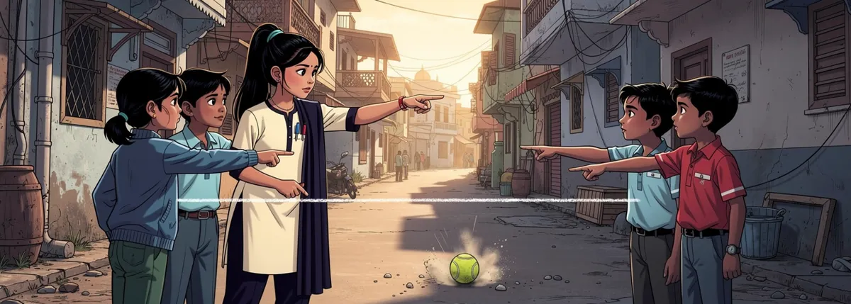 Two groups of children in a lane point opposite ways across a chalk line where a ball has just landed in a puff of dust; Ananya is in one group.