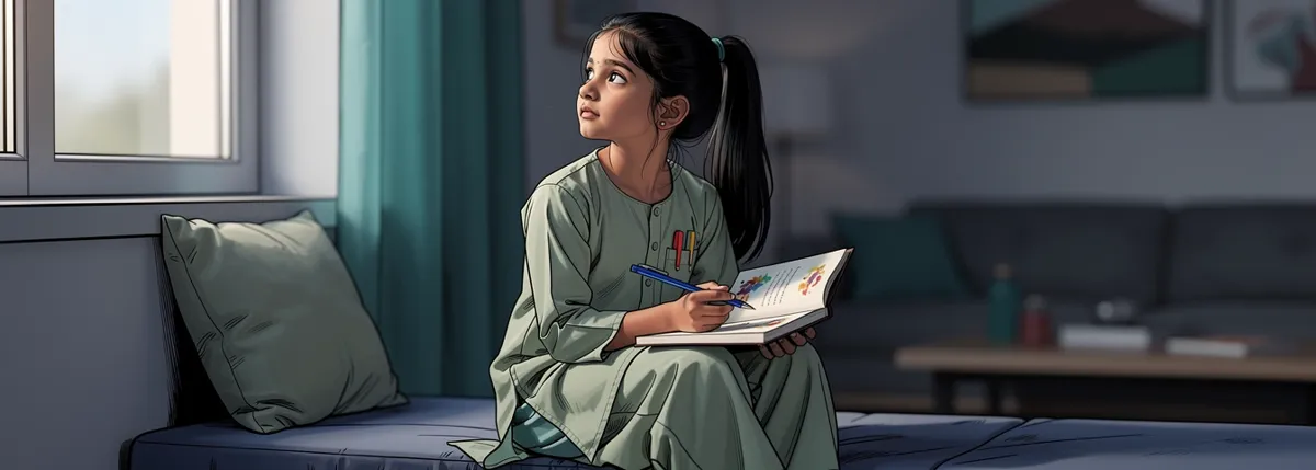 Ananya sits at a window seat with an old paperback open against her knees and a blue pen in her hand, looking up, thinking.