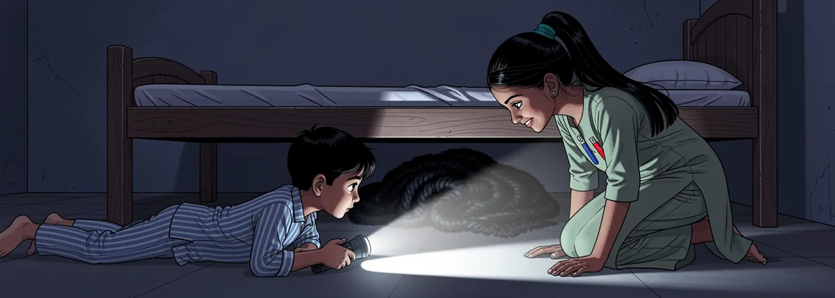 Jassi lies on the floor shining a torch under the cot at a crumpled black shawl, and Ananya kneels beside him, peering.