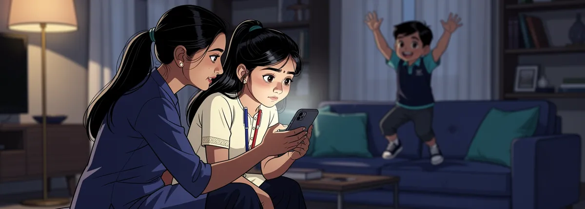 Mummy holds out her phone while Ananya reads it closely; beside them her cousin Rinku jumps on the sofa with his arms in the air.