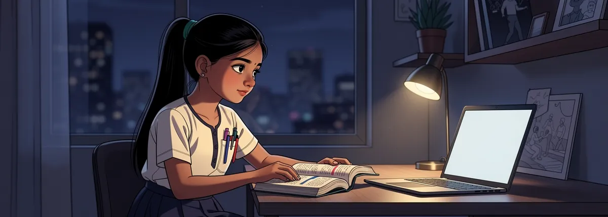 Ananya sits at a lamp-lit desk with an old paperback open, looking from the book to a laptop beside it.