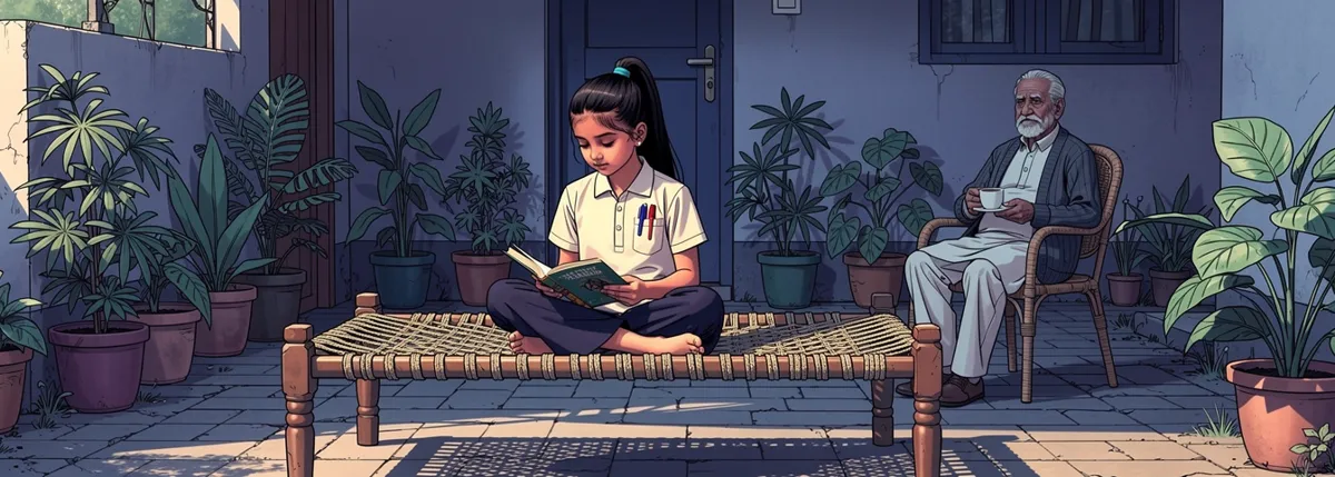 Ananya reads an old paperback slowly on a string cot in a sunny courtyard while Dadaji drinks tea nearby.