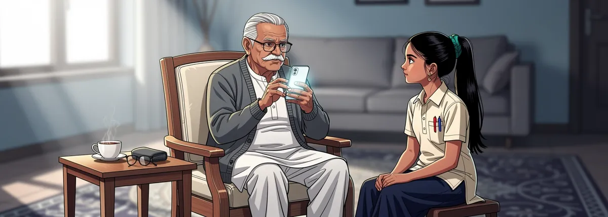 Dadaji reads his phone slowly in his armchair, glasses on, while Ananya sits on a low stool beside him and watches his face.