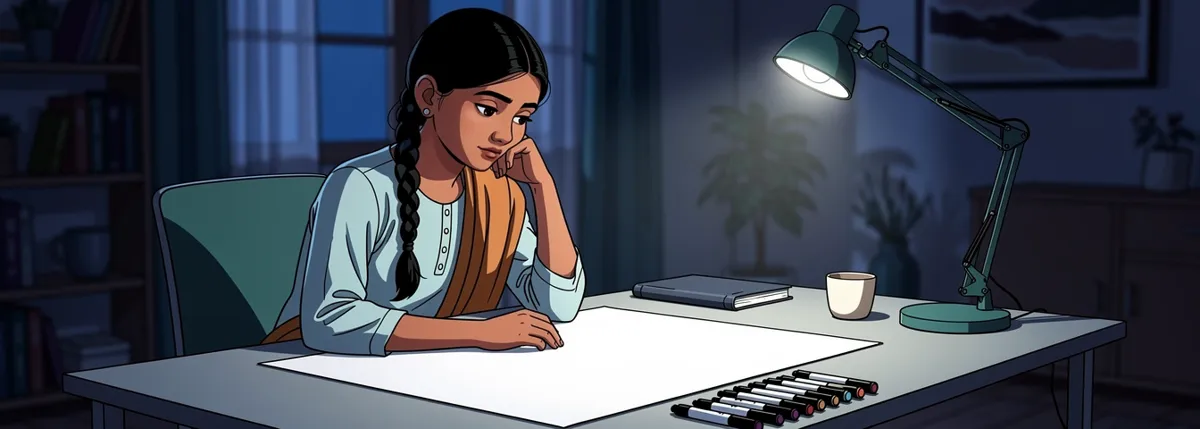 Bhavisha sits alone at a study table late at night, chin on her hand, looking at a large sheet of chart paper that is still completely white.