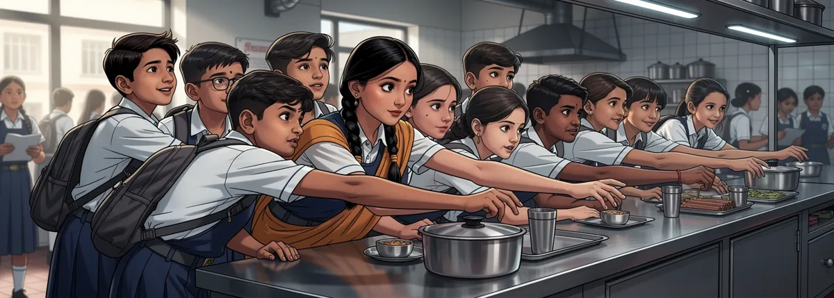 A tight crowd of schoolchildren presses against a canteen counter, every arm reaching forward; Bhavisha is squeezed into the middle, reaching too.
