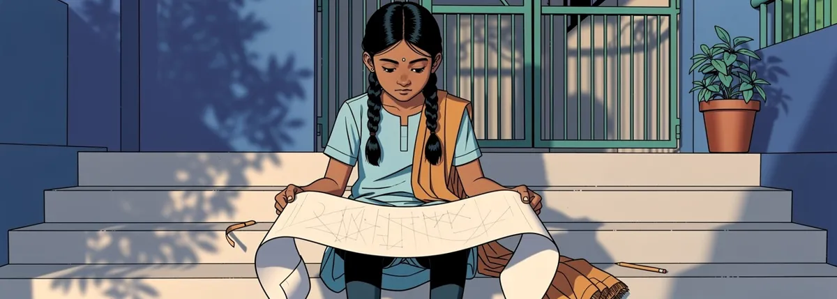 Bhavisha sits on her front step with a long strip of paper unrolled across her knees, a pencil resting beside her, looking along it.