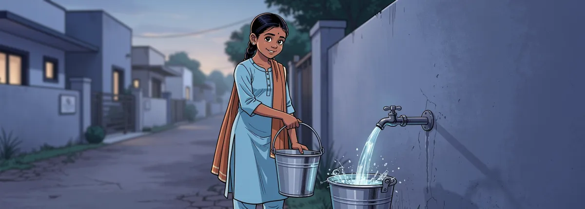 Early morning on the lane: water pours from the garden tap into a steel bucket, and Bhavisha stands beside it with a second bucket, smiling.