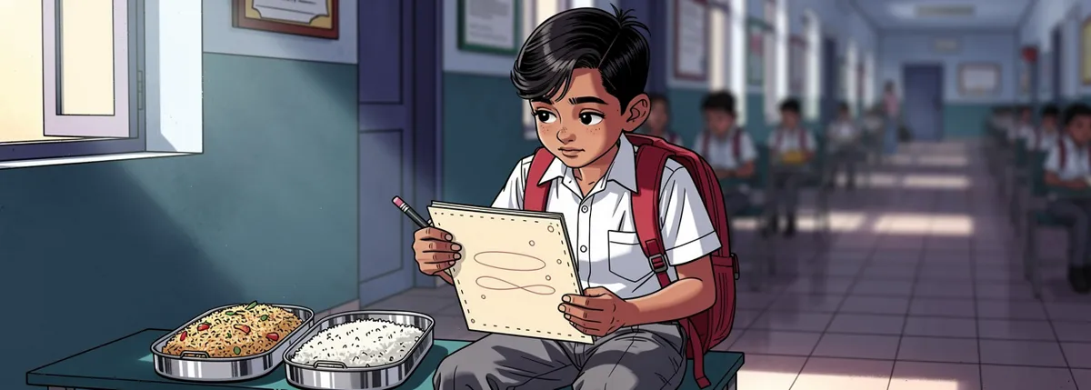 Dhruv sits on a school bench beside two open tiffin boxes, drawing two pencil loops on the blank back page of his pocket atlas.