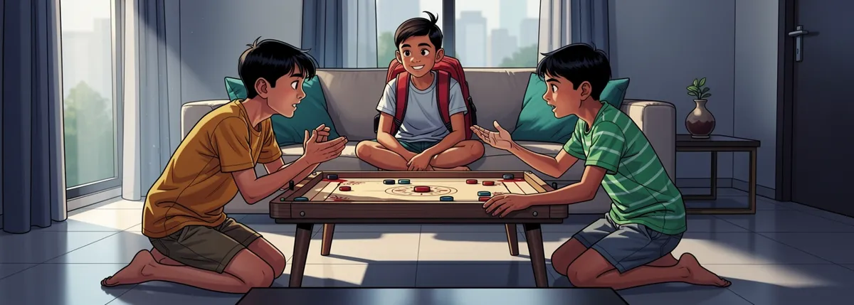 Two boys argue across a carrom board on the living-room floor while Dhruv watches from the sofa behind them.