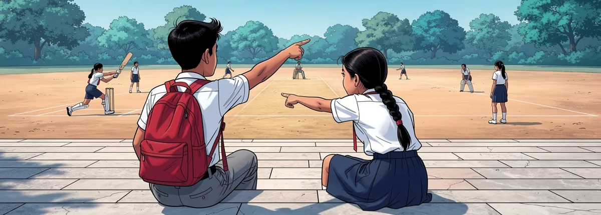 Dhruv and Gauri sit on the school steps above a girls’ cricket match, each pointing at a different player.