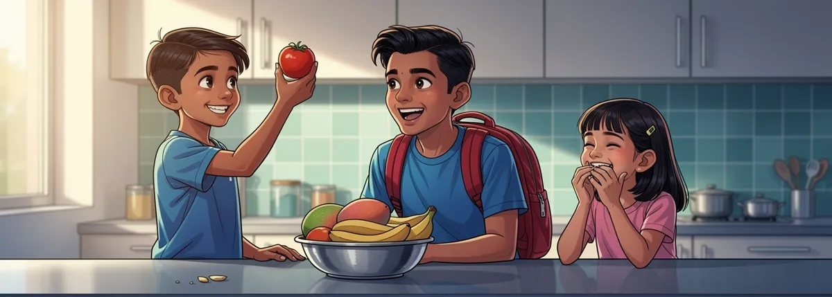 Yash holds a tomato high over a bowl of mangoes and bananas while little Sai laughs and Dhruv leans on the counter between them.