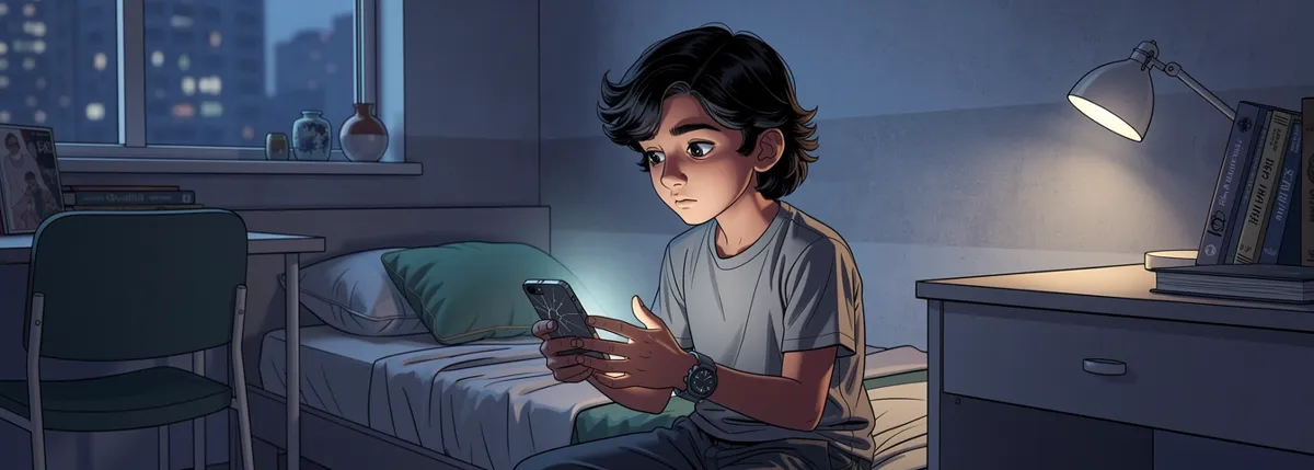 Arjun sits on his bed with an old phone, a crack across one corner, frowning at its screen.