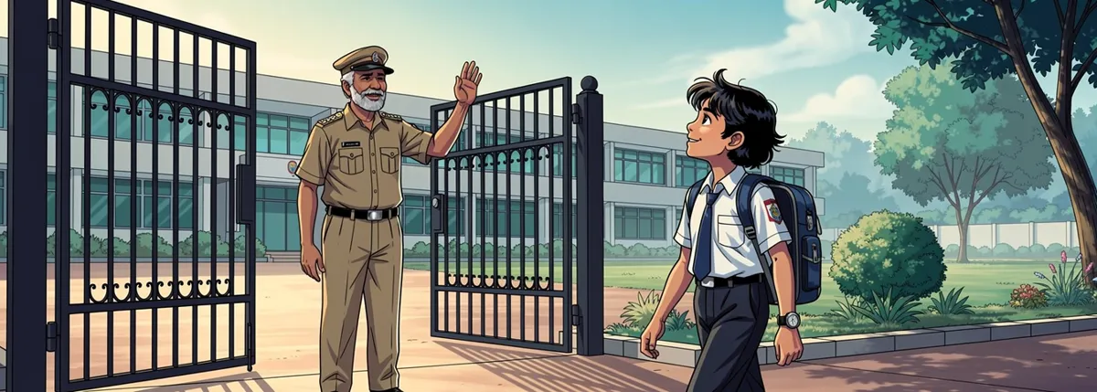 The school watchman smiles and raises a hand at the gate as Arjun walks in with his bag.