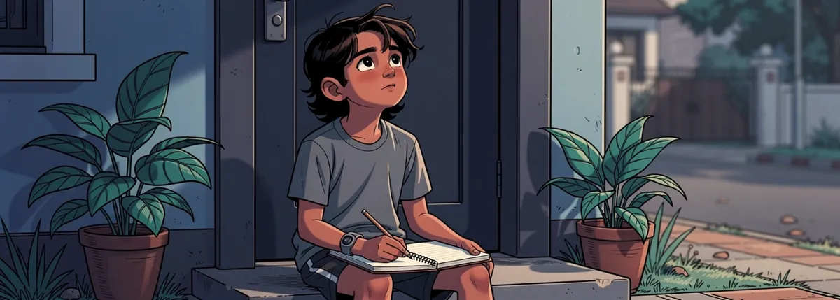 Arjun sits alone on the front step with a notebook open on his knees, pencil in hand, thinking.