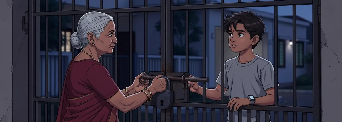 At dusk Ajji turns a key in the padlock on the front gate while Arjun watches from the other side of the bars.