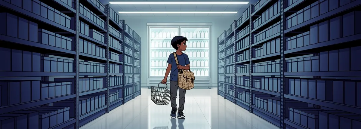 Aarav walks down a long supermarket aisle with an empty basket; far away at the end of it, a fridge of milk glows.