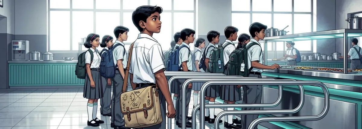 A single line of children stands inside new steel rails that bend along a canteen wall; Aarav, in the middle of the line, looks along the rails.