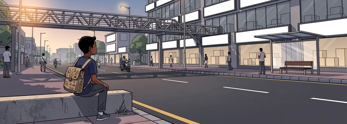 Aarav sits on a low wall looking out at a busy street with a footbridge, shops and a bus shelter.