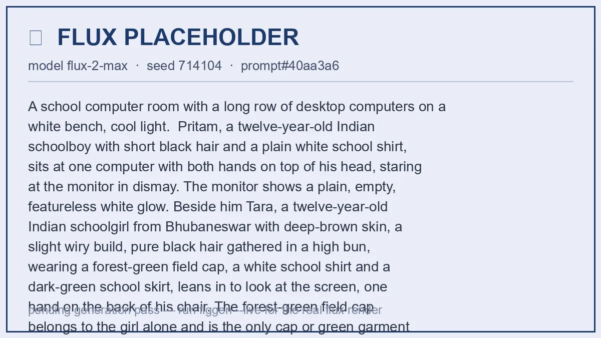 Pritam sits at a school computer with his hands on his head, looking at a blank white screen; Tara leans in beside him.