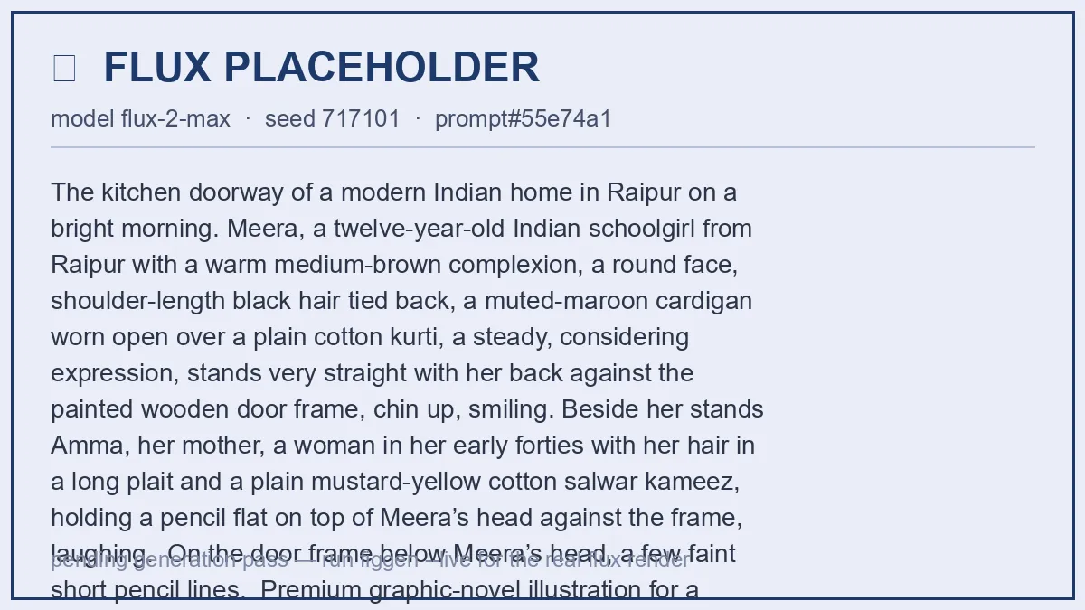 Meera stands straight against a kitchen door frame while Amma holds a pencil flat on her head to mark it.