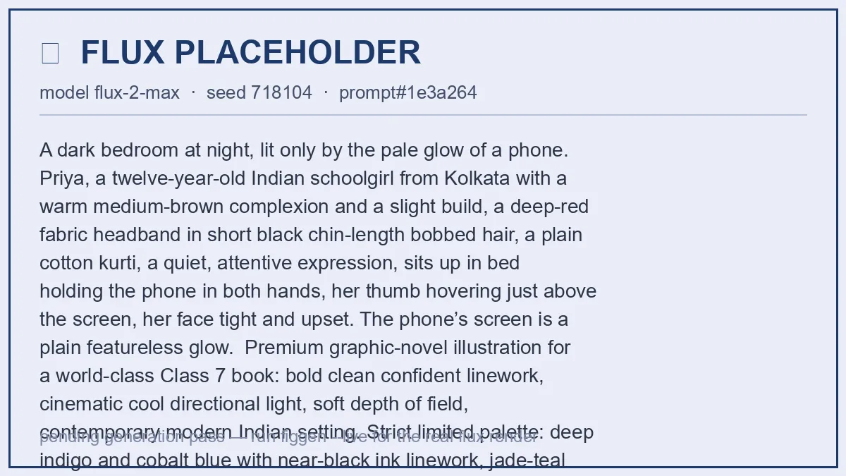 At night Priya sits up in bed with her phone, her thumb over the screen, upset.