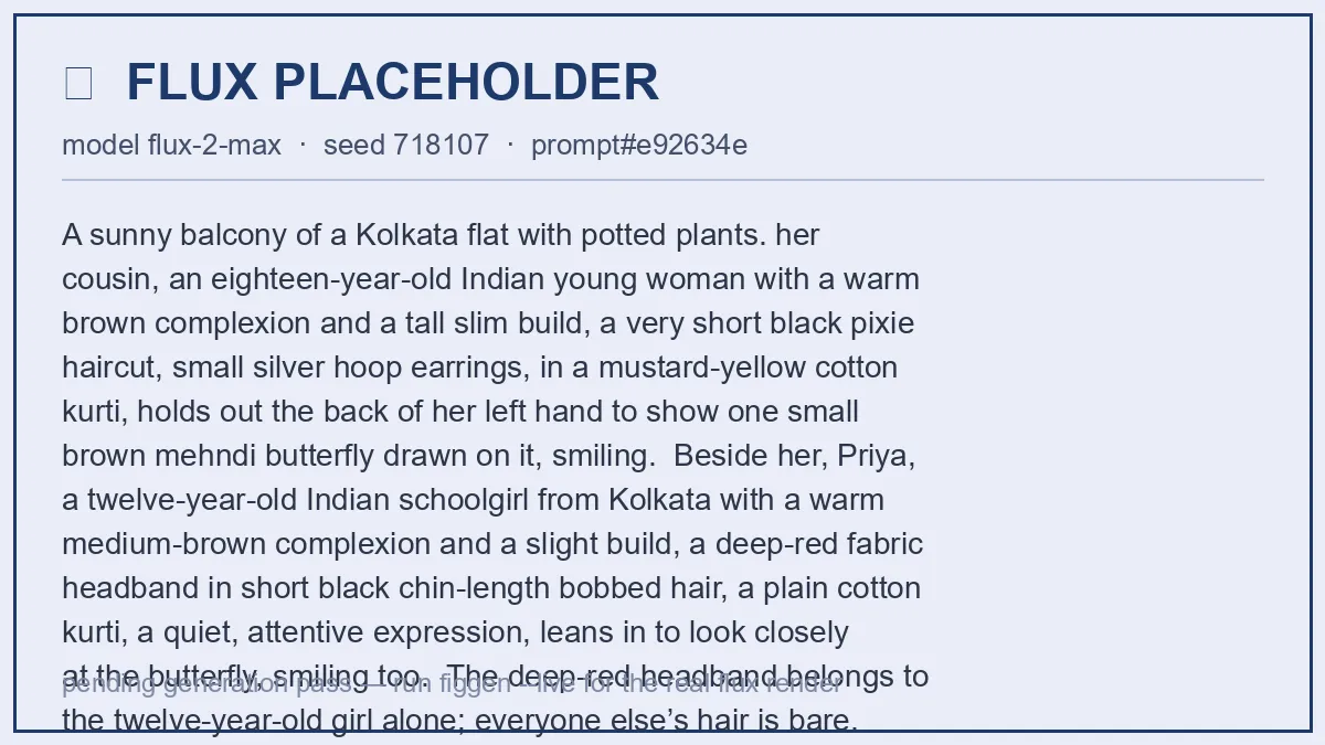 On a sunny balcony Rupa-di shows Priya a small mehndi butterfly on the back of her hand.